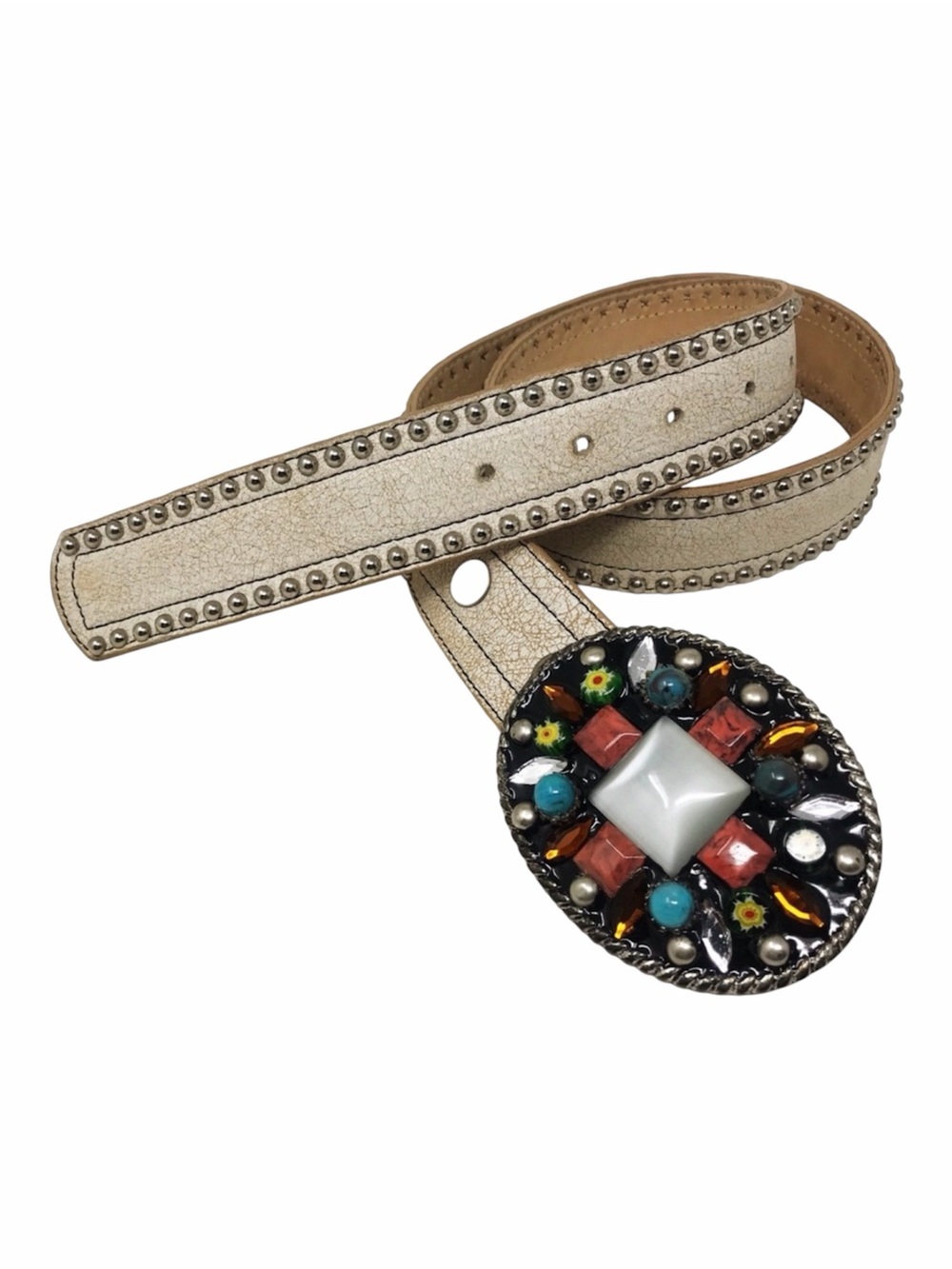 Leatherock Beige Cracked Leather Belt with Embellished Heavy Metal Oval Buckle S